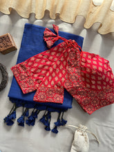 Nevy Blue Handloom Cotton Saree With Ajrakh  Print Redy Made Blouse